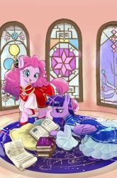 Size: 768x1161 | Tagged: safe, artist:puri__kyua, derpibooru import, pinkie pie, twilight sparkle, twilight sparkle (alicorn), alicorn, earth pony, pony, book, clothes, dress, female, mare, pillow, scroll, stained glass