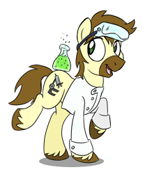 Size: 492x600 | Tagged: safe, artist:spainfischer, oc, oc only, oc:calpain, earth pony, pony, beaker, clothes, goggles, lab coat, solo