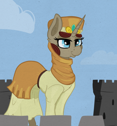 Size: 2500x2693 | Tagged: safe, artist:paskanaakka, derpibooru exclusive, pony, unicorn, background pony, castle, clothes, female, lidded eyes, mare, medieval, smiling, solo, unnamed pony