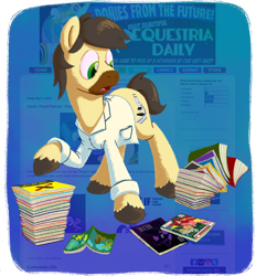 Size: 744x802 | Tagged: safe, artist:wizardwannabe, oc, oc only, oc:calpain, earth pony, pony, clothes, comics, equestria daily, lab coat, solo, unshorn fetlocks