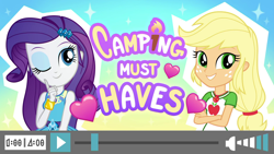 Size: 1920x1080 | Tagged: safe, screencap, applejack, rarity, better together, camping must-haves, equestria girls, geode of shielding, geode of super strength, magical geodes, shipping fuel, title card