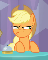 Size: 656x820 | Tagged: safe, derpibooru import, screencap, applejack, matilda, earth pony, pony, a trivial pursuit, bell, cropped, faic, female, lidded eyes, mare, narrowed eyes, offscreen character, pouting, silly, silly pony, table, who's a silly pony