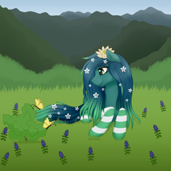 Size: 3500x3500 | Tagged: safe, artist:starshade, oc, oc only, butterfly, earth pony, pony, clothes, commission, female, flower, flower in hair, full body, grass, mare, oc needed, prone, scenery, smiling, socks, solo, starry eyes, striped socks, wingding eyes, ych result, your character here
