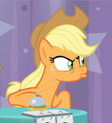 Size: 798x871 | Tagged: safe, derpibooru import, screencap, applejack, matilda, earth pony, pony, a trivial pursuit, angry, applejack is not amused, bell, cropped, faic, female, freckles, mare, offscreen character, pouting, silly, silly pony, unamused, who's a silly pony