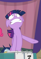 Size: 375x538 | Tagged: safe, screencap, twilight sparkle, twilight sparkle (alicorn), alicorn, pony, a trivial pursuit, crazy face, cropped, faic, floppy ears, pointing, solo, twilight snapple