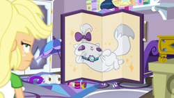 Size: 1920x1080 | Tagged: safe, screencap, applejack, opalescence, rarity, cat, better together, camping must-haves, equestria girls, draw me like one of your french girls, rarity's bedroom