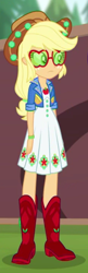 Size: 264x813 | Tagged: safe, screencap, applejack, better together, equestria girls, festival filters, applejack's hat, boots, clothes, cowboy boots, cowboy hat, cropped, dress, glasses, hat, solo, stetson