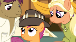 Size: 1920x1080 | Tagged: safe, screencap, mane allgood, scootaloo, snap shutter, pony, the last crusade, family, father and child, father and daughter, female, filly, foal, hat, male, mare, mother and child, mother and daughter, parent and child, scootalove, stallion, trio