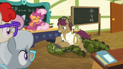 Size: 1920x1080 | Tagged: safe, screencap, cheerilee, scootaloo, silver spoon, snap shutter, sweetie belle, twist, cragadile, crocodile, pegasus, pony, the last crusade, clothes, cutie mark, female, filly, foal, hat, male, mare, ponyville schoolhouse, shirt, stallion, the cmc's cutie marks, wrangling