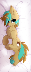 Size: 762x1728 | Tagged: safe, artist:little-sketches, oc, oc only, oc:demi, pony, unicorn, bed, bedroom eyes, body pillow, cute, fluffy, hnnng, male, raised leg, solo