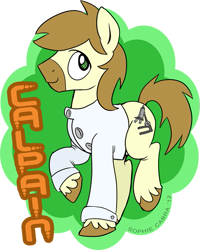 Size: 479x600 | Tagged: source needed, useless source url, safe, artist:spainfischer, oc, oc only, oc:calpain, earth pony, pony, clothes, lab coat, solo, text, unshorn fetlocks