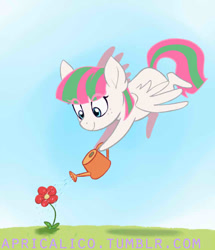 Size: 568x660 | Tagged: safe, artist:feellikeaplat, blossomforth, pegasus, pony, adoraforth, cute, female, flower, flying, freckles, mare, smiling, solo, water, watering can