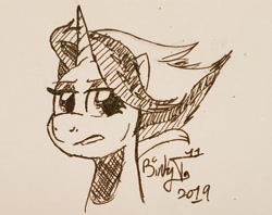 Size: 2197x1744 | Tagged: safe, artist:binkyt11, derpibooru exclusive, fire flare, pony, unicorn, the summer sun setback, female, mare, monochrome, solo, traditional art