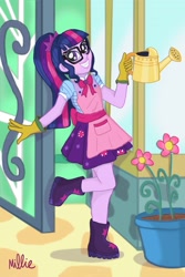 Size: 2400x3600 | Tagged: safe, artist:milliedubois, sci-twi, twilight sparkle, better together, equestria girls, my little shop of horrors, apron, boots, celestia's house, clothes, cute, flower, glasses, gloves, looking at you, raised leg, shoes, smiling, solo, twiabetes, watering can