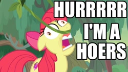 Size: 1024x576 | Tagged: safe, edit, edited screencap, editor:anonycat, screencap, apple bloom, earth pony, pony, growing up is hard to do, caption, female, filly, flehmen response, hoers, horses doing horse things, hurr durr, older, older apple bloom, solo, teeth, vine