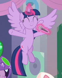 Size: 581x727 | Tagged: safe, screencap, spike, twilight sparkle, twilight sparkle (alicorn), alicorn, dragon, she's all yak, cropped, cute, eyes closed, flying, glowing horn, happy, horn, levitation, magic, microphone, offscreen character, smiling, solo focus, spread wings, telekinesis, twiabetes, winged spike, wings