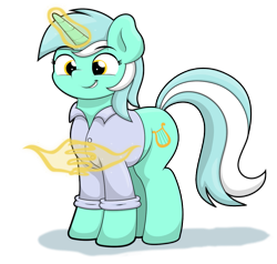 Size: 1097x1044 | Tagged: safe, artist:ljdamz1119, lyra heartstrings, pony, unicorn, clothes, female, hand, magic, magic hands, mare, shirt, simple background, smiling, solo, transparent background, you know i had to do it to em