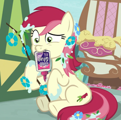 Size: 994x982 | Tagged: safe, edit, edited screencap, screencap, roseluck, pony, student counsel, /mlp/, cropped, flower, glue, ponyville, solo, sticker