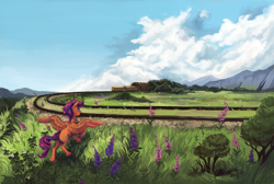 Size: 2500x1682 | Tagged: safe, artist:weird--fish, scootaloo, pegasus, pony, cloud, female, grass, grass field, railroad, scenery, scootalove, sky, smiling, train, tunnel