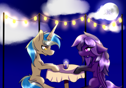 Size: 1100x768 | Tagged: safe, artist:chazmazda, oc, oc only, bat pony, pony, unicorn, candle, cell shaded, commission, female, looking at each other, male, mare, romantic, table