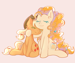 Size: 1200x1000 | Tagged: safe, artist:whiskyice, derpibooru import, applejack, pear butter, earth pony, pony, eyes closed, female, mare, mother and child, mother and daughter, orange background, parent and child, simple background