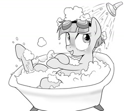 Size: 1345x1200 | Tagged: safe, artist:k-nattoh, windy whistles, pegasus, pony, bath, bathing, bathtub, bubble bath, claw foot bathtub, female, goggles, grin, mare, monochrome, shower, smiling, solo