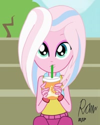 Size: 750x938 | Tagged: safe, artist:rjp.rammy, clear sky, common ground, equestria girls, clothes, cup, drinking, drinking straw, equestria girls-ified, eyeshadow, female, juice, makeup, pants, sleeveless sweater, straw, sweater