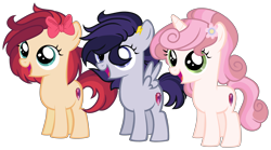 Size: 4932x2750 | Tagged: safe, artist:sweet-psycho-uwu, oc, oc only, oc:apple dance, oc:beauty spirit, oc:speed stroke, earth pony, pegasus, pony, unicorn, base used, female, filly, offspring, parent:apple bloom, parent:button mash, parent:rumble, parent:scootaloo, parent:sweetie belle, parent:tender taps, parents:rumbloo, parents:sweetiemash, parents:tenderbloom, simple background, transparent background