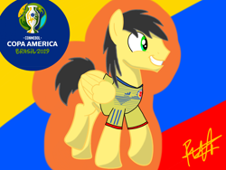 Size: 2048x1536 | Tagged: safe, artist:thunder burst, oc, oc:thunder burst, pegasus, pony, brazil, clothes, colombia, copa america, football, male, solo, spanish, sports