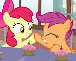 Size: 982x791 | Tagged: safe, screencap, apple bloom, scootaloo, earth pony, pegasus, pony, the last crusade, chair, cropped, cupcake, eyes closed, food, hoofbump, smiling, table