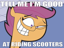 Size: 664x504 | Tagged: safe, editor:undeadponysoldier, scootaloo, pegasus, pony, caption, creepy, eye twitch, fairly odd parents, female, filly, image macro, meme, smiling, tell me i'm pretty, text, trixie tang