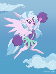Size: 580x768 | Tagged: safe, artist:tim-kangaroo, silverstream, hippogriff, pony, 2 4 6 greaaat, cheering, cheerleader, cheerleader silverstream, clothes, cloud, cute, diastreamies, featured on derpibooru, female, flying, in the air, lineless, looking at you, no pupils, pointy ponies, pom pom, simple background, skirt, sky background, smiling, solo, spread wings, wide eyes, wings