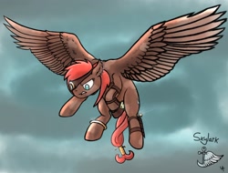 Size: 1920x1460 | Tagged: safe, artist:underwoodart, oc, oc:skylark, pegasus, pony, angry, eyepatch, flying, mottled coat, nonbinary, pirate, pointing, realistic wings, shiny, simple background, solo, wings