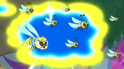 Size: 2000x1121 | Tagged: safe, screencap, bee, flash bee, insect, a horse shoe-in, animal, crown, flying, jewelry, queen bee, regalia, swarm