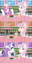 Size: 2000x3889 | Tagged: safe, artist:yokokinawa, oc, oc only, bat pony, chair, comic, donut, donut shop, eating, female, food, mare, milkshake, table, vector, window