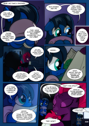 Size: 2480x3508 | Tagged: safe, artist:dsana, fizzlepop berrytwist, tempest shadow, oc, oc:lullaby dusk, pegasus, pony, unicorn, comic:a storm's lullaby, broken horn, comic, dialogue, duo, eye scar, female, filly, heterochromia, horn, hotel room, map, mare, scar