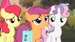 Size: 1366x768 | Tagged: safe, screencap, apple bloom, scootaloo, sweetie belle, pony, the last crusade, cutie mark crusaders, letter, mail, mouth hold, outdoors, saddle bag