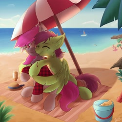 Size: 2500x2500 | Tagged: safe, artist:burû, oc, oc only, oc:neon, oc:watermelon success, pony, beach, umbrella