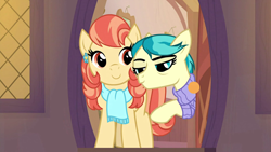 Size: 1020x574 | Tagged: safe, screencap, aunt holiday, auntie lofty, earth pony, pegasus, pony, the last crusade, clothes, door, doorway, duo, female, jewelry, lesbian, mare, scarf, sweater