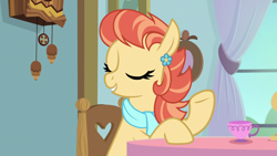Size: 1920x1080 | Tagged: safe, screencap, aunt holiday, earth pony, pony, the last crusade, clock, clothes, cup, eyes closed, female, mare, scarf, solo, teacup