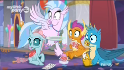 Size: 1366x768 | Tagged: safe, screencap, gallus, ocellus, silverstream, smolder, she's all yak, card, card game, discovery family logo, eating, plate, playing card, stack