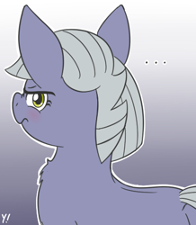 Size: 391x448 | Tagged: safe, artist:yakoshi, limestone pie, earth pony, pony, ..., blushing, chest fluff, dock, frown, gradient background, limetsun pie, looking at you, looking back, looking back at you, solo, tsundere