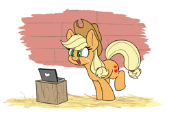 Size: 1280x853 | Tagged: safe, artist:heir-of-rick, derpibooru import, applejack, earth pony, pony, daily apple pony, apple, apple (company), colored pupils, computer, cute, excited, hoof in air, jackabetes, leaning forward, namesake, open mouth, solo, that pony sure does love apples