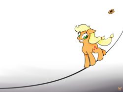 Size: 2000x1500 | Tagged: safe, artist:yakoshi, derpibooru import, applejack, earth pony, pony, gradient background, hat, nervous, newbie artist training grounds, solo, sweat, tightrope