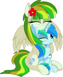 Size: 6249x7632 | Tagged: safe, artist:cyanlightning, oc, oc only, oc:cyan lightning, oc:green lightning, pegasus, pony, unicorn, .svg available, absurd resolution, blushing, clothes, colt, cute, duo, eyes closed, female, flower, flower in hair, hug, male, mare, mother and child, mother and son, ocbetes, parent and child, scarf, simple background, smiling, spread wings, transparent background, vector, wings