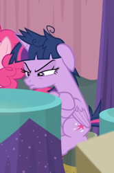 Size: 366x552 | Tagged: safe, derpibooru import, screencap, pinkie pie, twilight sparkle, twilight sparkle (alicorn), alicorn, earth pony, pony, a trivial pursuit, cropped, crossed hooves, female, floppy ears, mare, messy mane, offscreen character, pouting, sitting, solo focus