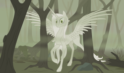 Size: 2580x1524 | Tagged: safe, artist:grypher, oc, oc only, pony, fallout equestria, fallout equestria: red 36, artificial alicorn, creepy, fanfic art, female, forest, green eyes, mare, mist, moss, radiation, rock, roots, skinny, solo, spoopy, spread wings, tree, whitetail woods, wings