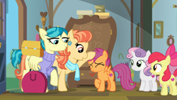 Size: 1920x1080 | Tagged: safe, screencap, apple bloom, aunt holiday, auntie lofty, scootaloo, sweetie belle, earth pony, pegasus, pony, unicorn, the last crusade, cutie mark, cutie mark crusaders, eyes closed, female, filly, foal, head pat, lesbian, mare, pat, raised hoof, suitcase, the cmc's cutie marks, wing hands, wing hold, wings