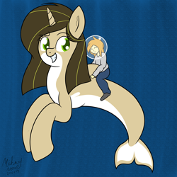 Size: 5000x5000 | Tagged: safe, artist:mihaynoms, oc, oc:manu, oc:radiant siren, human, orca pony, original species, dreamworks face, ocean, riding, shipping, underwater