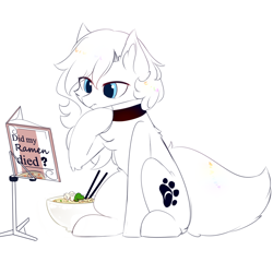 Size: 1000x960 | Tagged: safe, artist:heddopen, oc, oc only, oc:loulou, pony, book, chest fluff, confused, ear fluff, fluffy tail, food, jewelry, necklace, noodles, paw prints, pure white, ramen, silly, simple background, sitting, solo, thinking, white background